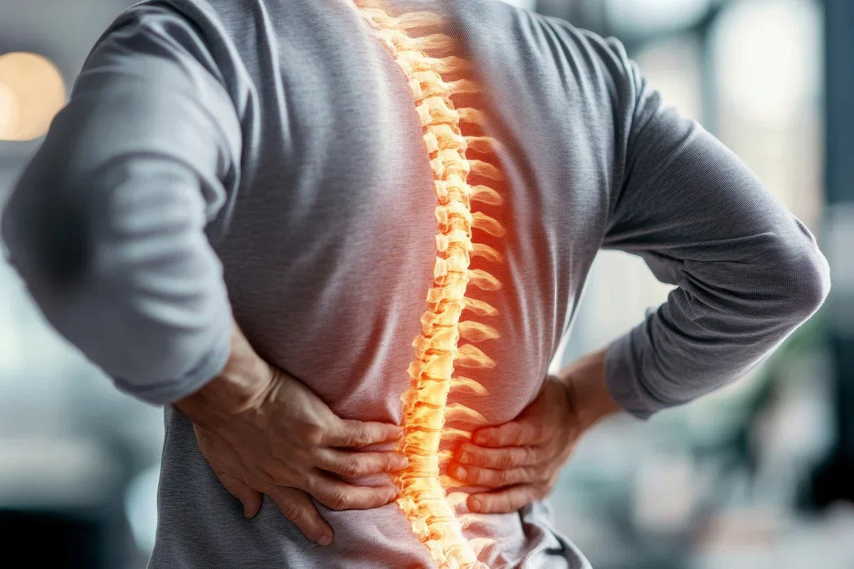 Person holding their lower back in pain with an illustrated spine overlay