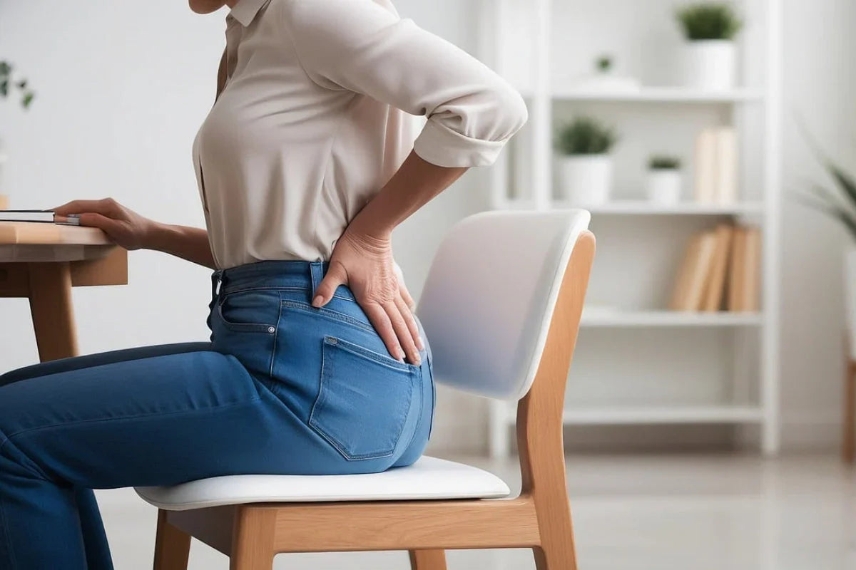 Understanding spinal curvature disorders : a woman sitting at the table with lower back pain 